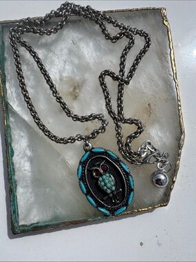 Sterling Tone Owl Pendant Necklace with Turquoise and Red Accents - Unbranded